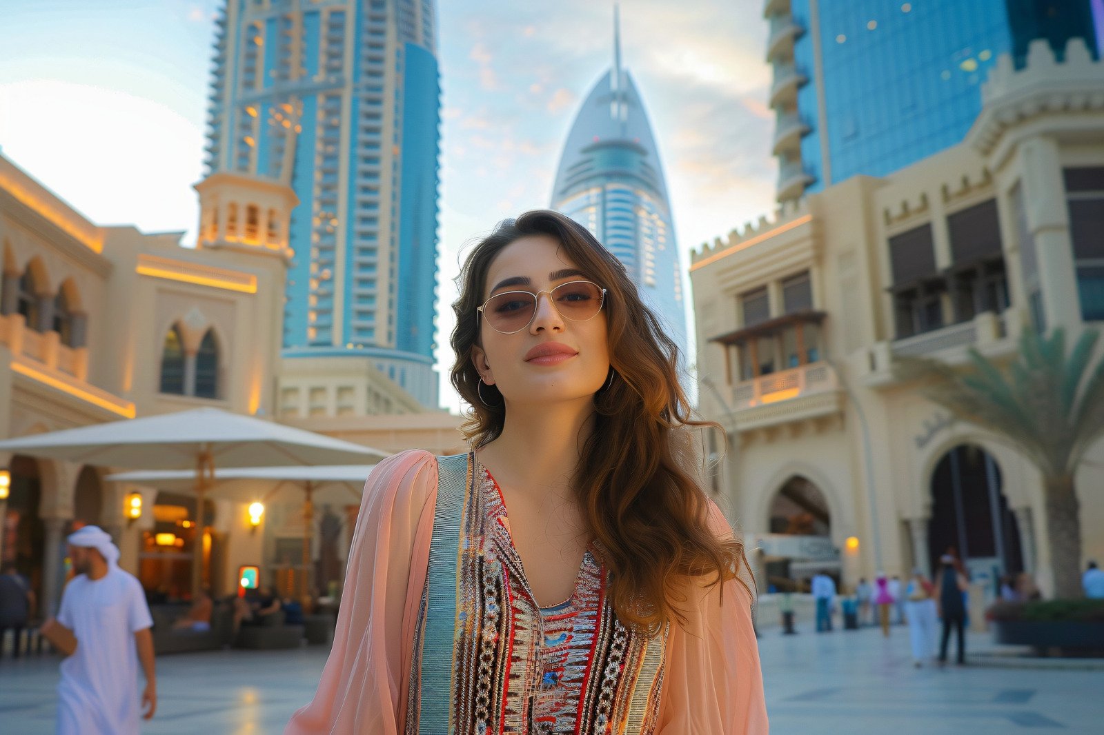 Portrait of Emma, a travel writer and immigration content specialist, standing in a modern outdoor plaza with Dubai’s skyline in the background.