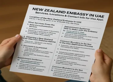 Person holding a printed infographic guide titled "New Zealand Embassy in UAE", detailing consular services, visa steps, contact info, and common mistakes