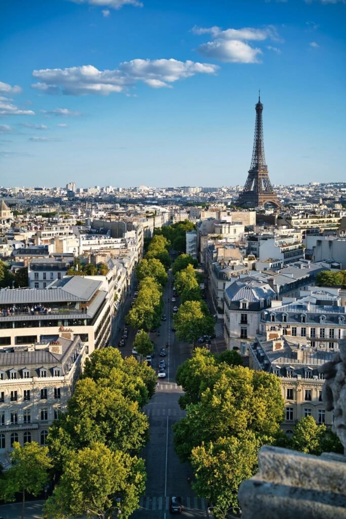 Aerial view of Paris with Eiffel Tower symbolizing France visa services from Dubai