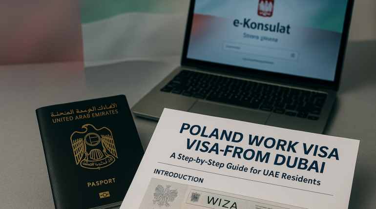 UAE passport, Poland work visa documents, and e-Konsulat portal on a laptop during visa application process