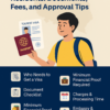Illustration of a UAE resident holding a passport and tourist visa document, with an infographic titled "Poland Tourist Visa Requirements for UAE Residents" outlining key application steps and requirements.