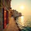 A peaceful Croatian coastal village at sunset with stone houses and Adriatic waters, representing a dream destination while exploring Croatia visa requirements for UAE residents.