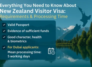 Infographic showing New Zealand visitor visa requirements and processing time for Dubai applicants, with scenic mountain lake in background.